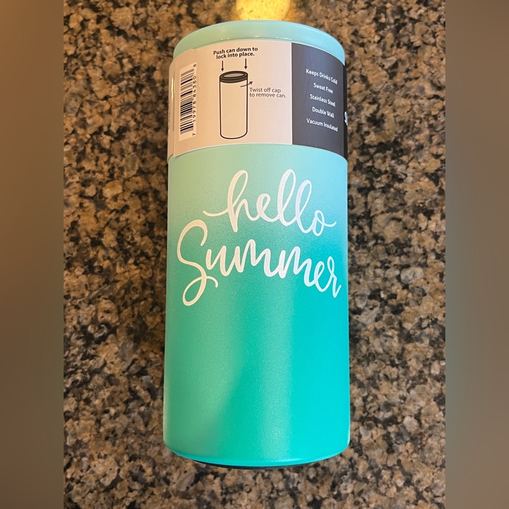 “Hello Summer” 12oz insulated slim can cooler  sweat free, stainless steel. Blue